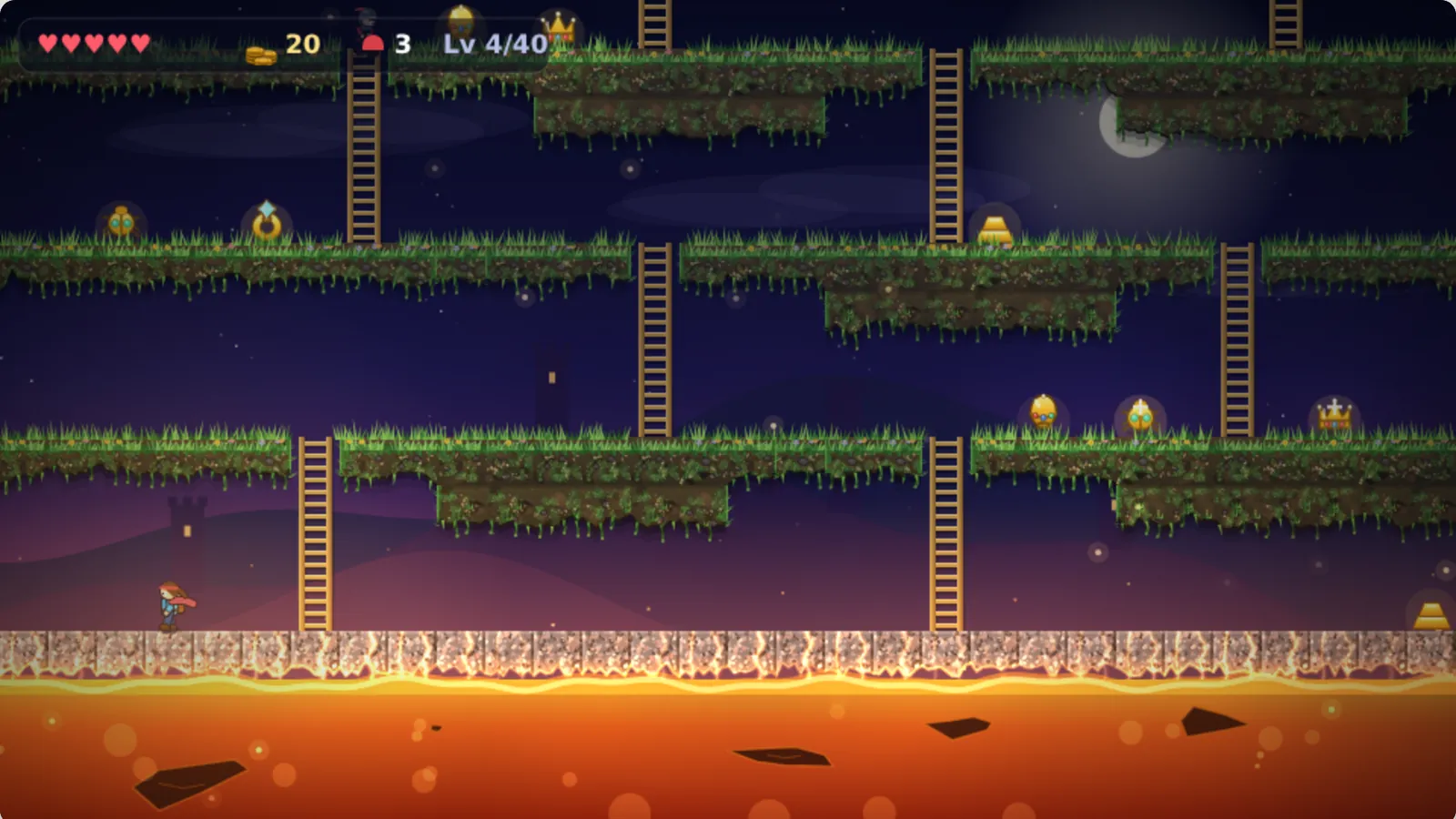 Caverns level with grassy floating platforms over lava