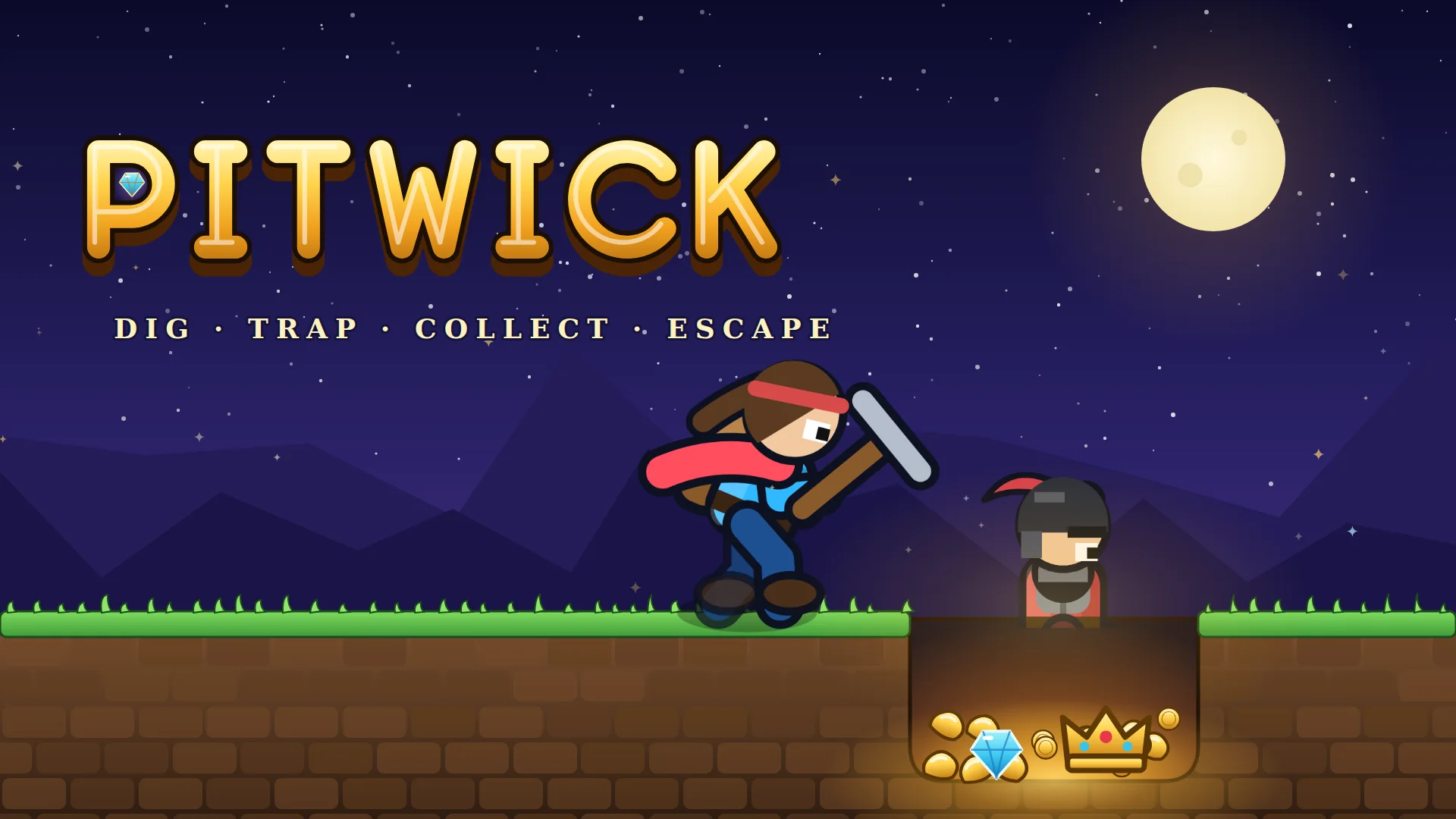 Pitwick key art: the hero swings a pickaxe while a guard falls into a pit full of gold, gems and a crown.