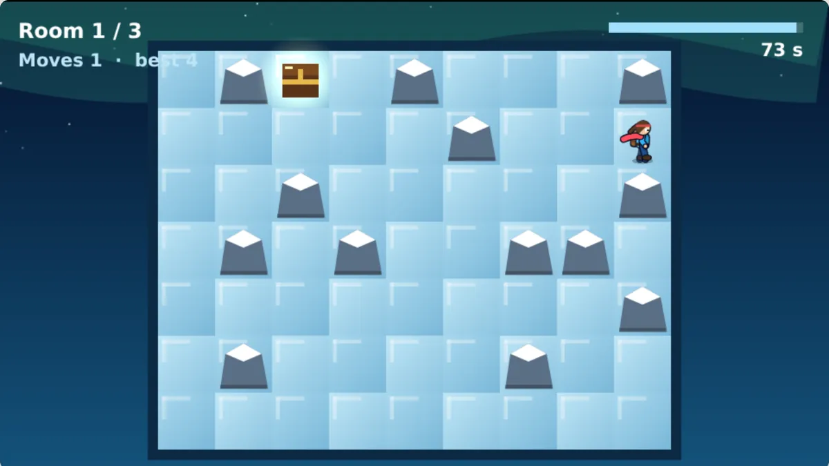 Ice Slide: a grid of ice tiles with rocks; slide the hero to the treasure chest